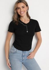 Czarny Bawełniany T-shirt Ozdobiony Marszczeniem i Łańcuszkiem Olitrea. Czarne t-shirty Born2be, m, bez wzorów, z bawełny, bez kołnierzyka, bez ramiączek. Za 59.99 zł.