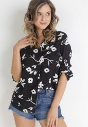 Czarna Koszula w Stylu Kimono w Kwiaty z Bawełny i Wiskozy Geraldina. Czarne koszule Born2be, m, bez wzorów, z bawełny, bez kołnierzyka, bez ramiączek. Za 79.99 zł.