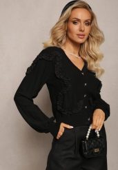 Czarny Kardigan Zapinany z Ozdobnymi Falbankami Diselda. Czarne swetry Renee, na zimę, bez wzorów, bez ramiączek. W wyprzedaży za 119.99 zł.