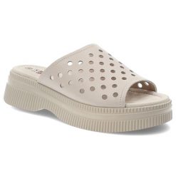 Klapki damskie S. Barski, na grubej podeszwie z miękkimi wkładkami dziurowane, beżowe, LR51-537. Brązowe klapki S.BARSKI, bez wzorów, wakacyjne, bez obcasa, bez zapięcia. Za 149.00 zł.