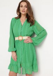 Zielona Sukienka Nesilwyn. Zielone sukienki Born2be, m, bez wzorów, z tkaniny, boho, bez kołnierzyka, bez ramiączek, mini, rozkloszowane. W wyprzedaży za 69.99 zł.