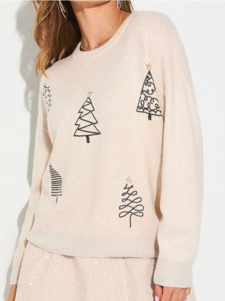 Świąteczny sweter z cekinowymi choinkami - Inny. Swetry Sinsay, l, bez wzorów, wizytowe, bez ramiączek. Za 59.99 zł.
