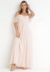 Różowa Maxi Sukienka o Rozkloszowanym Fasonie na Cienkich Skrzyżowanych Ramiączkach Hendina. Czerwone sukienki Born2be, l, bez wzorów, bez kołnierzyka, bez ramiączek, maxi, kopertowe. W wyprzedaży za 118.99 zł.