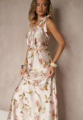 Beżowa Sukienka z Satyny w Kwiatowy Wzór Fenimea. Brązowe sukienki Renee, na imprezę, s, bez wzorów, z satyny, eleganckie, bez kołnierzyka, bez ramiączek, maxi. W wyprzedaży za 143.99 zł.