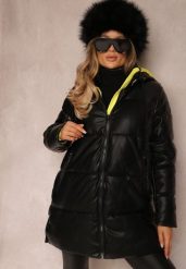 Czarno-Żółta Kurtka Pikowana z Imitacji Skóry Helle. Czarne kurtki Renee, l, bez wzorów, ze skóry, klasyczne. Za 189.99 zł.