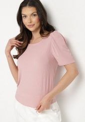 Różowy Prążkowany T-shirt z Zakładkami przy Rękawach Kolanovia. Czerwone t-shirty Born2be, l, bez wzorów, z jeansu, bez kołnierzyka, bez ramiączek. Za 49.99 zł.
