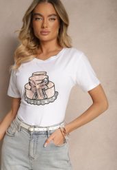 Biały Bawełniany T-shirt z Kokardą 3D i Nadrukiem Tortu Sanaviela. Białe t-shirty Renee, l, bez wzorów, z bawełny, eleganckie, bez kołnierzyka, bez ramiączek. W wyprzedaży za 35.99 zł.