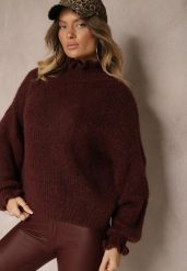 Bordowy Golf z Wełną i Wiskozą Oversize Ozdobiony przy Dekolcie z Falbanką Ninnatria. Czerwone swetry Renee, na zimę, l, z aplikacjami, z wełny, eleganckie, bez ramiączek. W wyprzedaży za 143.99 zł.
