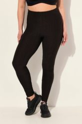 Damskie Legginsy sportowe z fakturą wysoka stan szeroki elastyczny pas. Czarne legginsy sportowe Ulla Popken, plus size, bez wzorów, z elastanu, z podwyższonym stanem. Za 239.99 zł.