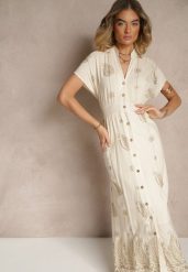 Beżowa Sukienka Koszulowa z Bawełną i Metaliczną Nicią Ullio. Brązowe sukienki Renee, na co dzień, l, bez wzorów, z bawełny, eleganckie, bez kołnierzyka, bez ramiączek, maxi, kopertowe. W wyprzedaży za 119.99 zł.