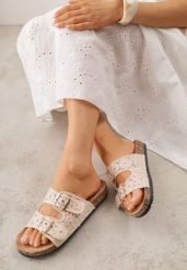 Beżowe Szydełkowe Klapki z Paskami ze Sprzączkami na Podeszwie z Imitacji Korka Elriess. Brązowe klapki Renee, w ażurowe wzory, z jeansu, boho, bez obcasa, na płaskiej podeszwie, bez zapięcia. Za 79.99 zł.