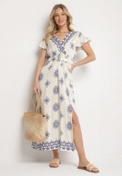 Niebieska Sukienka w Ornamentalny Wzór z Elastycznym Paskiem Tosvanna. Niebieskie sukienki Born2be, na co dzień, l, z aplikacjami, eleganckie, bez kołnierzyka, bez ramiączek, maxi, kopertowe. Za 119.99 zł.