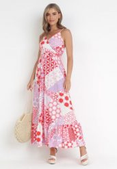 Różowa Sukienka Maxi na Ramiączkach w Fantazyjny Nadruk Erlavi. Czerwone sukienki Born2be, l, bez wzorów, bez kołnierzyka, bez ramiączek, maxi. Za 99.99 zł.