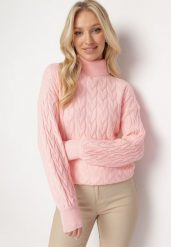 Różowy Sweter z Golfem w Warkoczowy Splot ze Ściągaczami Maraiwai. Czerwone swetry Born2be, na jesień, bez wzorów, ze splotem, bez ramiączek. W wyprzedaży za 101.99 zł.