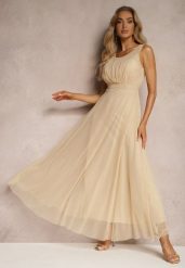 Beżowa Koktajlowa Sukienka z Tiulowym Dołem Bez Rękawów Elastar. Brązowe sukienki Renee, na wesele, m, bez wzorów, z tiulu, eleganckie, bez kołnierzyka, bez ramiączek, maxi. W wyprzedaży za 67.99 zł.