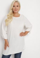 Biała Klasyczna Tunika z Marszczonymi Rękawami Evianas. Białe tuniki Born2be, xl, bez wzorów, eleganckie, bez kołnierzyka, bez ramiączek. Za 59.99 zł.