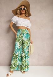 Zielone Spodnie High Waist z Wiskozy Typu Palazzo z Gumkami w Talii Haestria. Zielone jeansy Renee, na lato, m, bez wzorów, z jeansu, z podwyższonym stanem. W wyprzedaży za 43.99 zł.