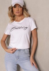 Biały T-shirt z Bawełny z Napisem Zelreti. Białe t-shirty Renee, m, bez wzorów, z bawełny, eleganckie, bez kołnierzyka, bez ramiączek. W wyprzedaży za 39.99 zł.