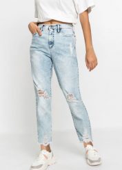 Dżinsy Mom high waist z ozdobnymi przetarciami. Niebieskie jeansy bonprix, bez wzorów, z jeansu, z podwyższonym stanem. Za 169.99 zł.