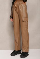 Ciemnobeżowe Szerokie Spodnie High Waist Ocieplone w Stylu Cargo z Gumką w Pasie i Kieszeniami na Klapy Vilencja. Brązowe jeansy Renee, l, bez wzorów, z jeansu, z podwyższonym stanem. W wyprzedaży za 51.99 zł.