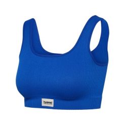 Bezszwowy biustonosz żebrowany dla kobiet Hummel Pulse. Niebieskie biustonosze sportowe Hummel, bez wzorów, prążkowane, na fitness i siłownię. Za 189.00 zł.