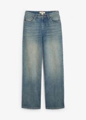 Dżinsy z szerokimi nogawkami, high waist. Niebieskie jeansy bonprix, bez wzorów, z bawełny, z podwyższonym stanem. Za 124.99 zł.