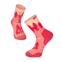Skarpety trekkingowe z wełny merynosów z różowymi wspinaczkami. Czerwone skarpetki TRY TO FLY, bez wzorów, z wełny, trekkingowe. W wyprzedaży za 83.39 zł.