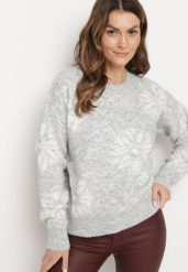 Jasnoszary Sweter z Wełną o Prostym Kroju w Kwiatowy Wzór Tinthera. Szare swetry Born2be, bez wzorów, z wełny, bez ramiączek. W wyprzedaży za 135.99 zł.