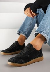 Czarne Sneakersy Tenisówki Ozdobione Cyrkoniami Amoiona. Czarne trampki Renee, bez wzorów, z jeansu, eleganckie, bez zapięcia. W wyprzedaży za 75.99 zł.