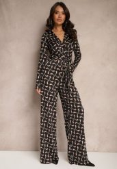 Czarny Kopertowy Kombinezon z Wiskozą z Szerokimi Nogawkami i Paskiem w Geometryczny Wzór Botavia. Brązowe sukienki Renee, na co dzień, l, bez wzorów, z materiału, eleganckie, bez kołnierzyka, bez ramiączek, kopertowe. W wyprzedaży za 119.99 zł.