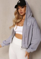 Szara Bluza Rozpinana z Wyszytą Emotką i Kapturem Cornoria. Szare bluzy Renee, l, bez wzorów, z dzianiny. W wyprzedaży za 47.99 zł.