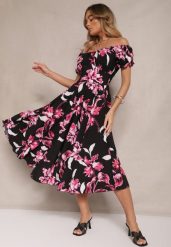 Czarna Sukienka z Bawełną Rozkloszowana w Kwiatowy Print z Dekoltem Łódką Annirna. Czarne sukienki Renee, na co dzień, l, bez wzorów, z bawełny, eleganckie, bez kołnierzyka, bez ramiączek, midi, rozkloszowane. W wyprzedaży za 69.99 zł.