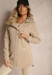 Ciemnobeżowa Bluza z Dodatkiem Bawełny o Długim Kroju z Kapturem Zapinana na Napy Coriora. Brązowe bluzy Renee, l, bez wzorów, z bawełny, bez ramiączek, z kapturem. W wyprzedaży za 99.99 zł.