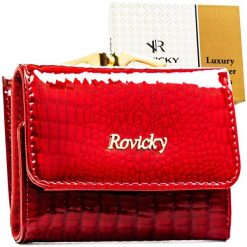 Mały, czerwony portfel damski ze skóry naturalnej z systemem RFID RH-32-1-RS Rovicky. Czerwone portfele ROVICKY, bez wzorów, z lakierowanej skóry. Za 94.99 zł.