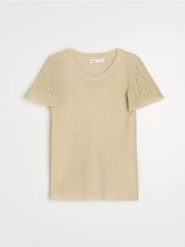 Swetrowa bluzka z metalizowaną nicią i wiskozą - złoty. Żółte bluzki Sinsay, l, bez wzorów, z wiskozy, bez kołnierzyka, bez ramiączek. Za 45.99 zł.