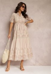 Beżowa Haftowana Sukienka Bawełniana ze Ściągaczem w Talii Ineryna. Brązowe sukienki Renee, l, bez wzorów, z bawełny, boho, bez kołnierzyka, bez ramiączek, maxi. W wyprzedaży za 160.99 zł.