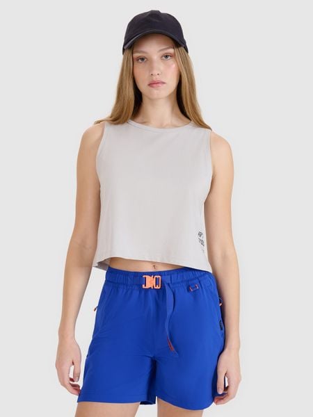 4F Top z nadrukiem damski - szary S. Szare topy 4f, s, bez wzorów, z bawełny, klasyczne, bez kołnierzyka, bez ramiączek. W wyprzedaży za 29.99 zł.