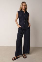 Granatowy Wiskozowy Komplet Szerokie Spodnie i Koszula Bez Rękawów z Wiązaniem Zanran. Niebieskie koszule Born2be, l, bez wzorów, z tkaniny, eleganckie, bez kołnierzyka, bez ramiączek. Za 139.99 zł.