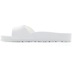 Klapki damskie Birkenstock Eva Madrid. Białe klapki Birkenstock, bez wzorów, z materiału, bez obcasa, bez zapięcia. Za 315.00 zł.