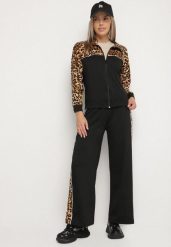 Czarny Komplet Dresowy Bluza ze Stójką i Szerokie Spodnie w Panterkę Savorre. Czarne bluzy Born2be, l, bez wzorów, z dresówki, klasyczne, bez ramiączek, bez kaptura. Za 79.99 zł.