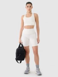 4F Legginsy kolarki treningowe damskie - białe S. Białe legginsy 4f, bez wzorów, z dzianiny, sportowe, krótkie. W wyprzedaży za 59.99 zł.