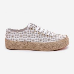 Wzorzyste Trampki Damskie Na Platformie Z Plecionką Lee Cooper LCW-25-08-3648L Biało-Złote białe. Białe trampki bez wzorów, z materiału, eleganckie, bez zapięcia. Za 197.76 zł.