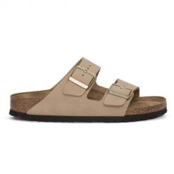 Klapki damskie Birkenstock Arizona. Brązowe klapki Birkenstock, bez wzorów, z materiału, eleganckie, bez obcasa, bez zapięcia. Za 881.00 zł.
