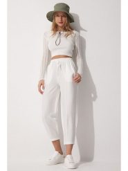 Hapiness Istanbul Lniane spodnie w kolorze białym rozmiar: 36. Białe spodnie materiałowe Hapiness Istanbul, bez wzorów, ze lnu, z podwyższonym stanem. Za 73.99 zł.