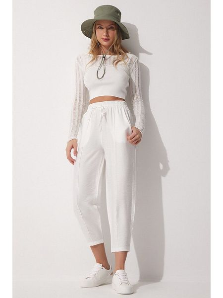 Hapiness Istanbul Lniane spodnie w kolorze białym rozmiar: 36. Białe spodnie materiałowe Hapiness Istanbul, bez wzorów, ze lnu, z podwyższonym stanem. Za 73.99 zł.
