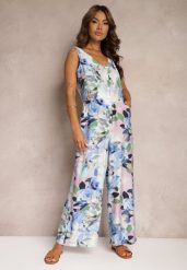 Niebieski Taliowany Kombinezon na Ramiączkach w Kwiatowy Wzór Ilvitela. Niebieskie sukienki Renee, l, bez wzorów, eleganckie, bez kołnierzyka, bez ramiączek. W wyprzedaży za 83.99 zł.
