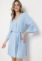 Niebieska Sukienka Mini z Paskiem w Talii i Plisowanymi Rękawami Urssalia. Niebieskie sukienki Born2be, na co dzień, s, bez wzorów, eleganckie, bez kołnierzyka, bez ramiączek, mini, proste. Za 99.99 zł.