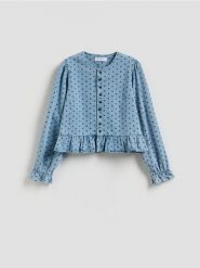 Jeansowa marynarka w groszki - niebieski. Niebieskie marynarki i żakiety Reserved, l, bez wzorów, z denimu, bez ramiączek. Za 129.99 zł.