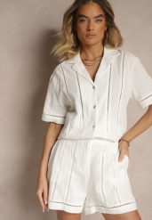 Białe Szorty z Bawełny High Waist Ozdobione Geometrycznym Wzorem Galessira. Białe szorty Renee, bez wzorów, z bawełny, eleganckie. W wyprzedaży za 55.99 zł.