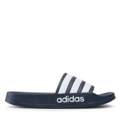 Klapki adidas. Niebieskie klapki adidas, bez wzorów, sportowe, bez obcasa, bez zapięcia. Za 129.99 zł.